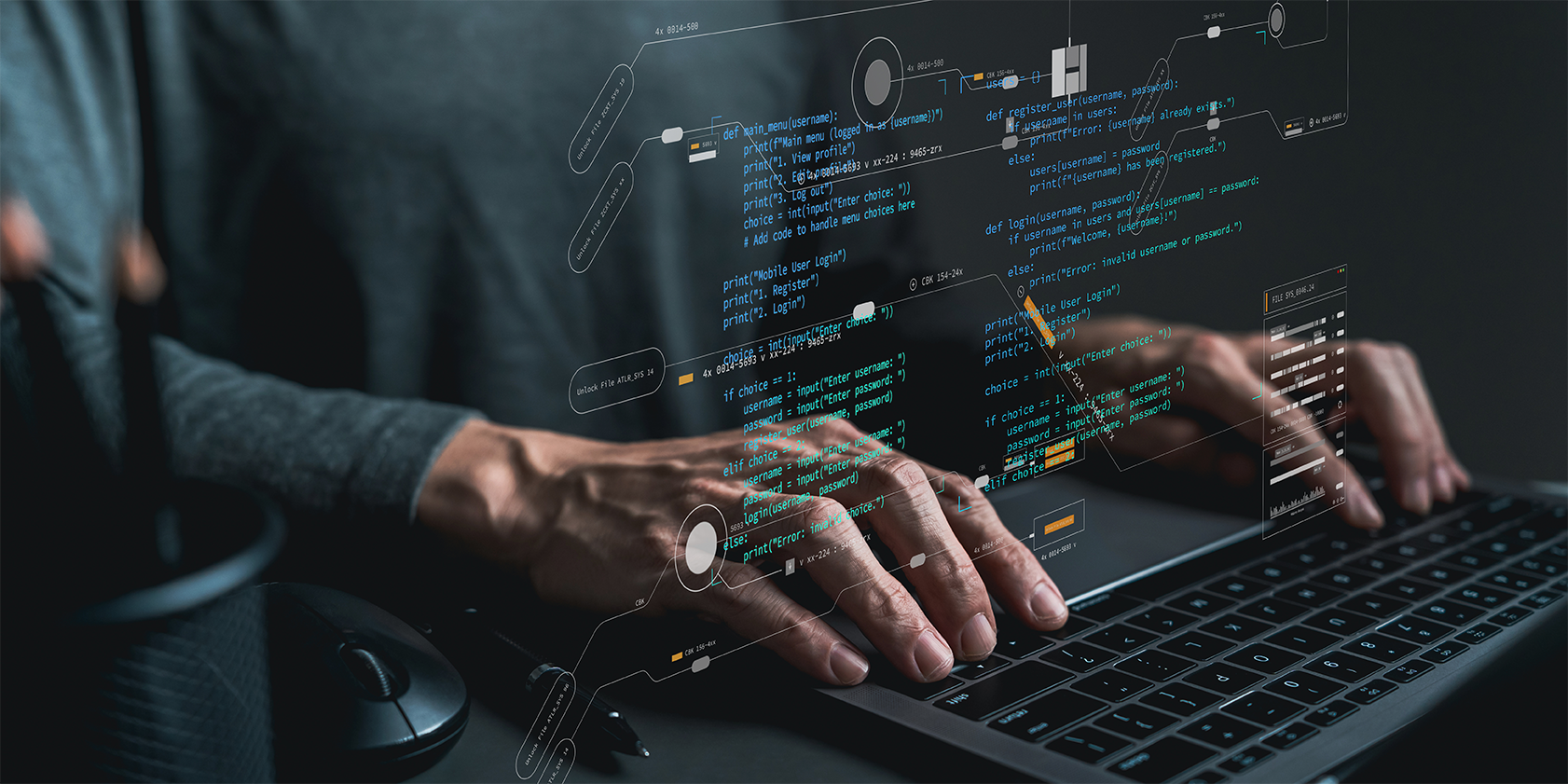 Laptop with hands typing as digital code overlays appear in the air, symbolizing the rising demand for Python and software expertise in engineering consulting.